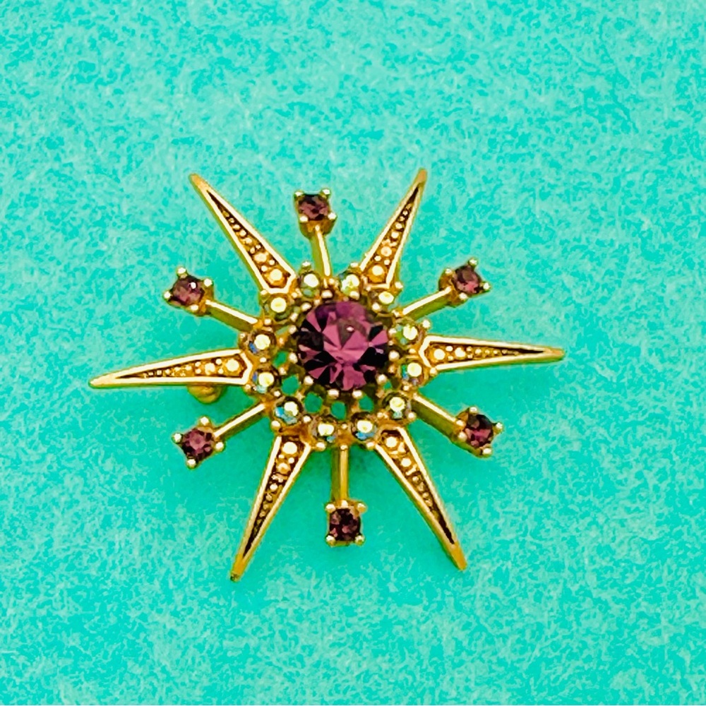 Goldtone Sunburst Amethyst Color Crystal Brooch - Picture 5 of 7